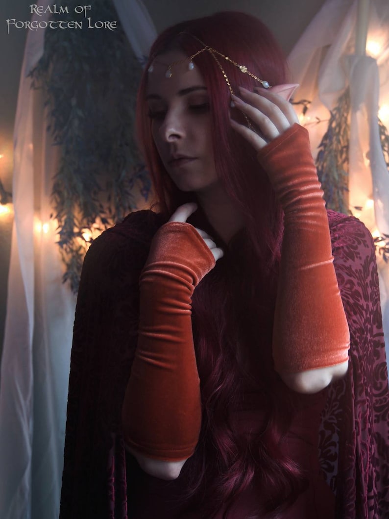 Orange Velvet Gloves, Rust Orange Fairy Fingerless Gloves, Elven Style, Medieval Fantasy, Stretch Velvet Arm Warmers, Fairytale Wedding image 3