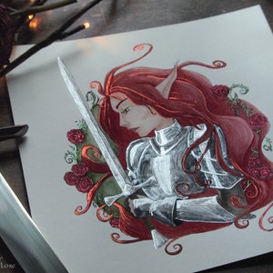 Faerie Knight Print, Red Hair Elf, Medieval Fantasy Art, Giclee Art, Lady Knight Armor, Fairy Tale, Red Roses, Silver Sword image 6