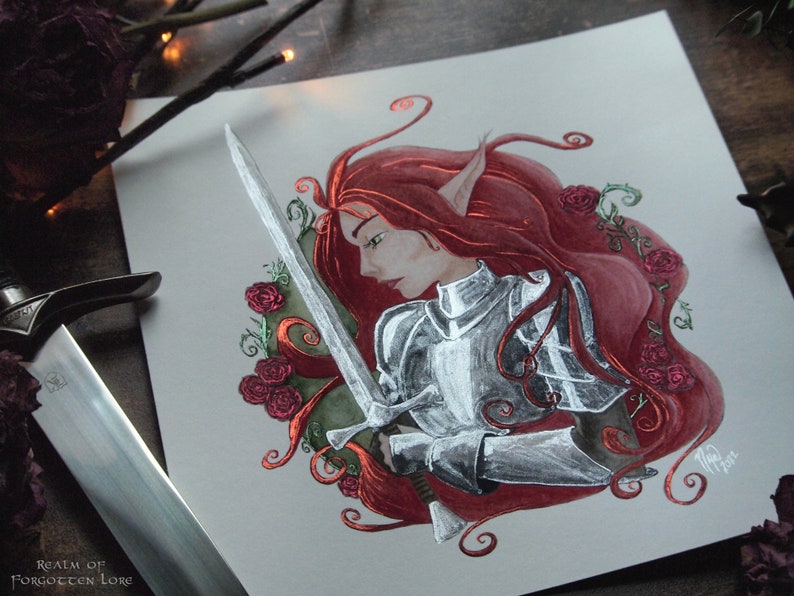 Faerie Knight Print, Red Hair Elf, Medieval Fantasy Art, Giclee Art, Lady Knight Armor, Fairy Tale, Red Roses, Silver Sword image 6