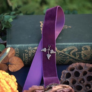 May include: A purple velvet bookmark with a silver leaf charm. The bookmark is draped over a stack of antique books. The text "Realm of Forgotten Lore" is visible in the upper left corner.