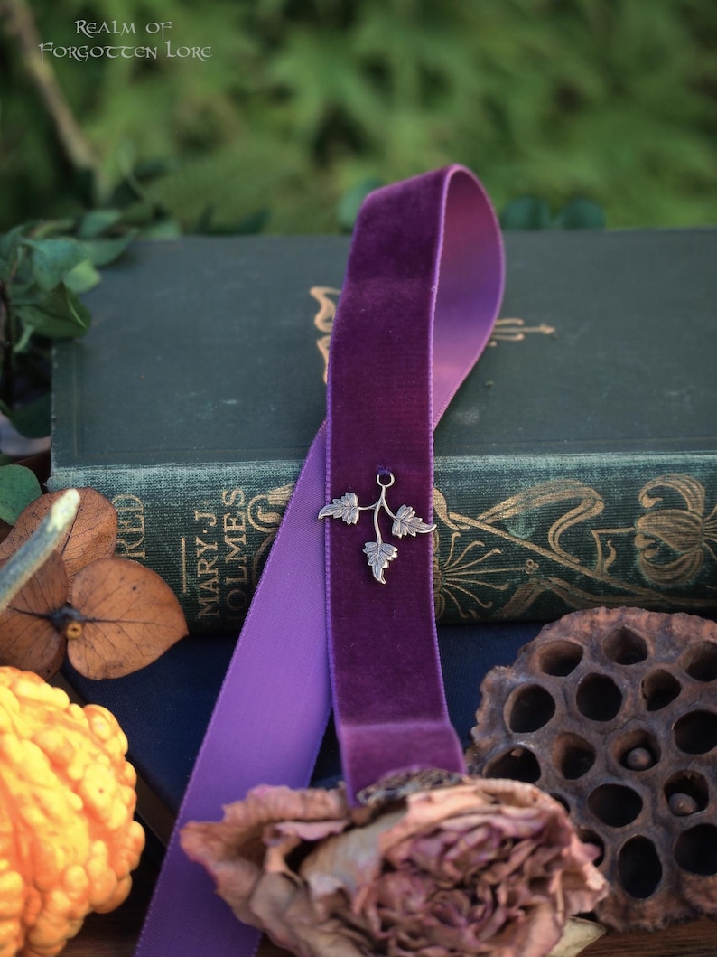 May include: A purple velvet bookmark with a silver leaf charm. The bookmark is draped over a stack of antique books. The text "Realm of Forgotten Lore" is visible in the upper left corner.