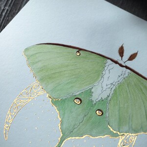 Luna Moth Art, Green Moth, Gold Crescent moon, Art Nouveau style, Giclee art print, Fairytale Watercolor artwork, Fairy Fantasy Moth Wings image 5