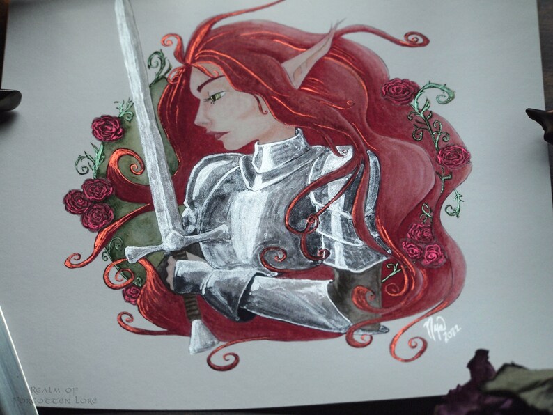 Faerie Knight Print, Red Hair Elf, Medieval Fantasy Art, Giclee Art, Lady Knight Armor, Fairy Tale, Red Roses, Silver Sword image 3