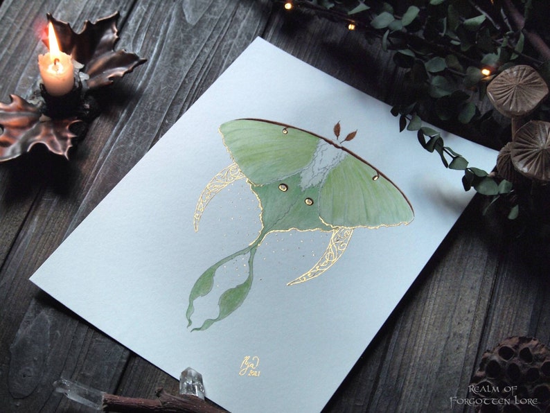 Luna Moth Art, Green Moth, Gold Crescent moon, Art Nouveau style, Giclee art print, Fairytale Watercolor artwork, Fairy Fantasy Moth Wings image 3