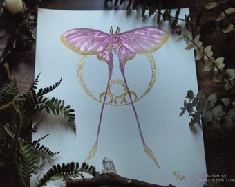 Pink Silk Moth, Fairy Moth Watercolor, Giclee Print, Fairytale Artwork, Pastel Pink and Gold, Fantasy Art, Magical Moth Wings, Art Nouveau