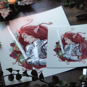 Faerie Knight Print, Red Hair Elf, Medieval Fantasy Art, Giclee Art, Lady Knight Armor, Fairy Tale, Red Roses, Silver Sword image 8