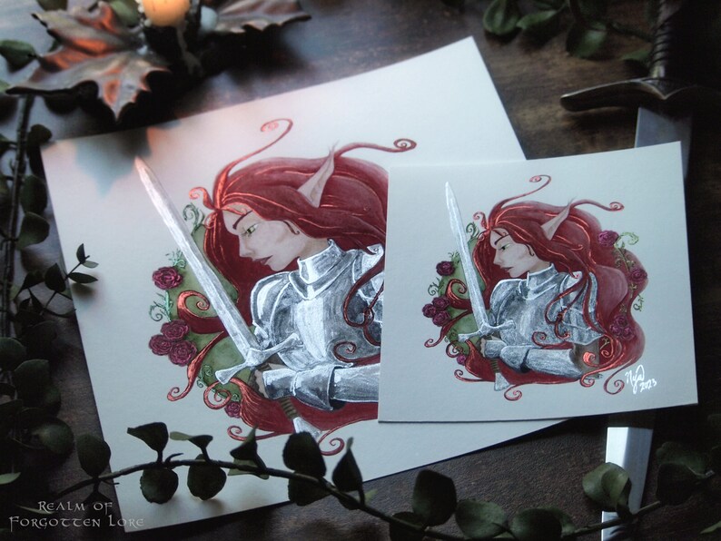 Faerie Knight Print, Red Hair Elf, Medieval Fantasy Art, Giclee Art, Lady Knight Armor, Fairy Tale, Red Roses, Silver Sword image 8