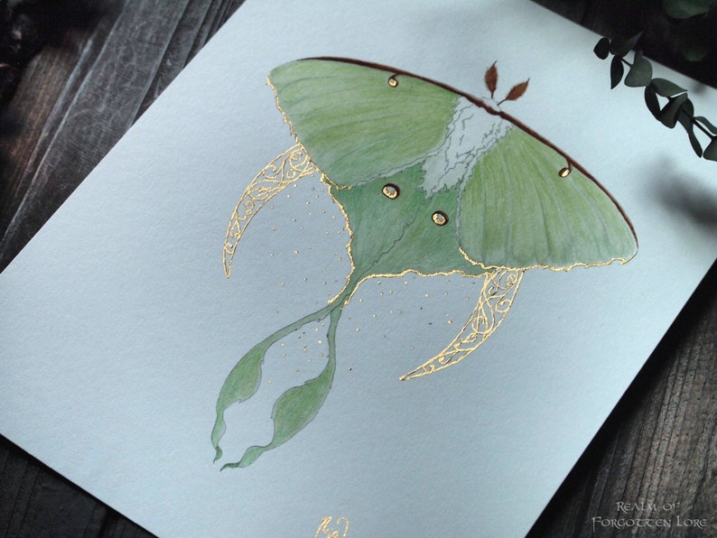 Luna Moth Art, Green Moth, Gold Crescent moon, Art Nouveau style, Giclee art print, Fairytale Watercolor artwork, Fairy Fantasy Moth Wings image 2