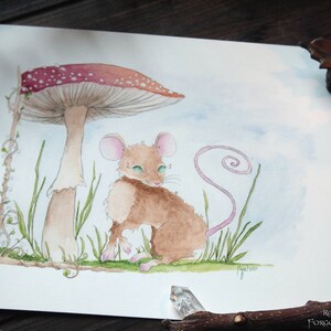 Mushroom Mouse art, Red Amanita watercolor, Fairytale Scene, Woodland Life artwork, Giclee Print, Folk Tale Illustration, Fly Agaric Fungi image 2
