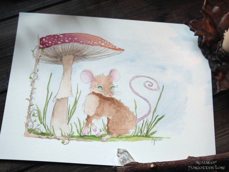 Mushroom Mouse art, Red Amanita watercolor, Fairytale Scene, Woodland Life artwork, Giclee Print, Folk Tale Illustration, Fly Agaric Fungi image 2