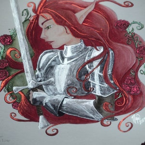 Faerie Knight Print, Red Hair Elf, Medieval Fantasy Art, Giclee Art, Lady Knight Armor, Fairy Tale, Red Roses, Silver Sword image 4