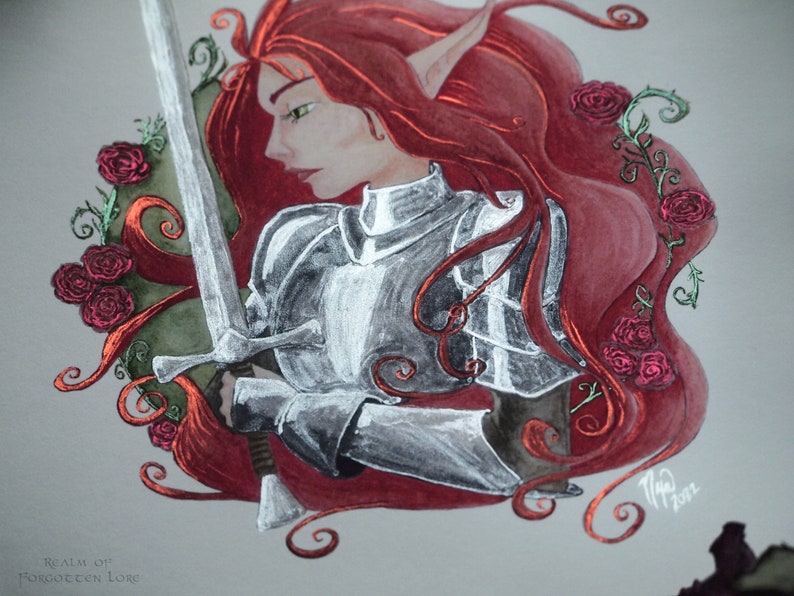 Faerie Knight Print, Red Hair Elf, Medieval Fantasy Art, Giclee Art, Lady Knight Armor, Fairy Tale, Red Roses, Silver Sword image 4