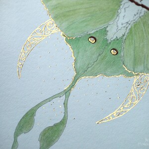 Luna Moth Art, Green Moth, Gold Crescent moon, Art Nouveau style, Giclee art print, Fairytale Watercolor artwork, Fairy Fantasy Moth Wings image 6