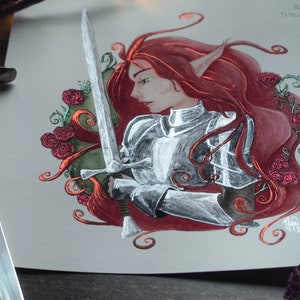 Faerie Knight Print, Red Hair Elf, Medieval Fantasy Art, Giclee Art, Lady Knight Armor, Fairy Tale, Red Roses, Silver Sword image 5