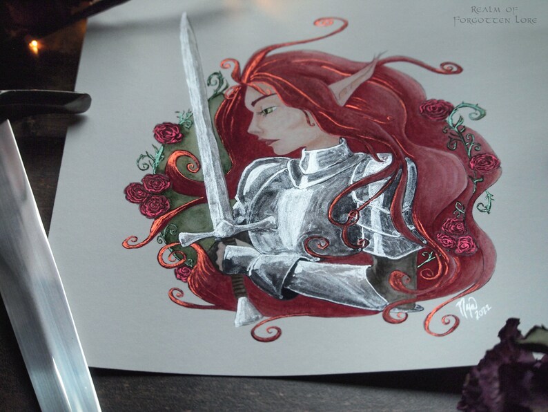 Faerie Knight Print, Red Hair Elf, Medieval Fantasy Art, Giclee Art, Lady Knight Armor, Fairy Tale, Red Roses, Silver Sword image 5