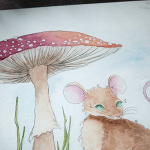 Mushroom Mouse art, Red Amanita watercolor, Fairytale Scene, Woodland Life artwork, Giclee Print, Folk Tale Illustration, Fly Agaric Fungi image 5