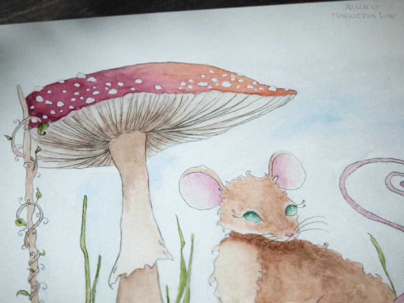 Mushroom Mouse art, Red Amanita watercolor, Fairytale Scene, Woodland Life artwork, Giclee Print, Folk Tale Illustration, Fly Agaric Fungi image 5