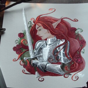 Faerie Knight Print, Red Hair Elf, Medieval Fantasy Art, Giclee Art, Lady Knight Armor, Fairy Tale, Red Roses, Silver Sword image 2