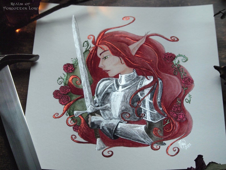 Faerie Knight Print, Red Hair Elf, Medieval Fantasy Art, Giclee Art, Lady Knight Armor, Fairy Tale, Red Roses, Silver Sword image 2