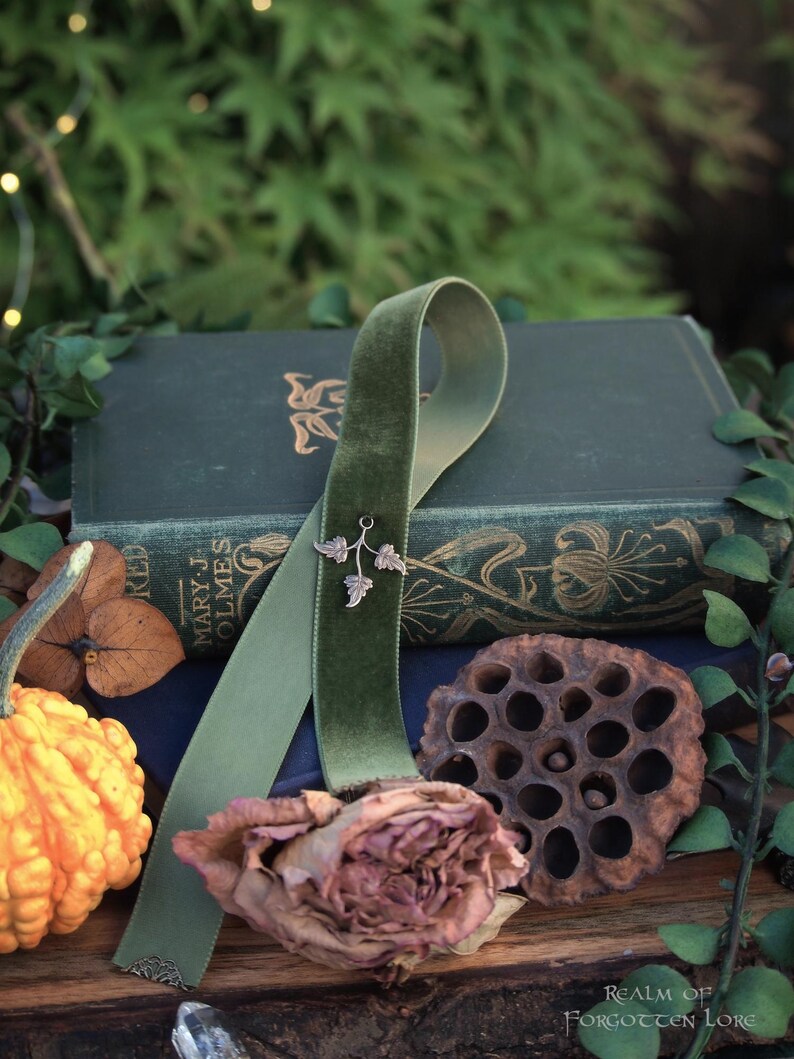 May include: A still life arrangement featuring a green velvet ribbon with a silver leaf charm, draped over a stack of antique books. A dried rose, a gourd, and a seed pod are also present. The text "Realm of Forgotten Lore" is visible.