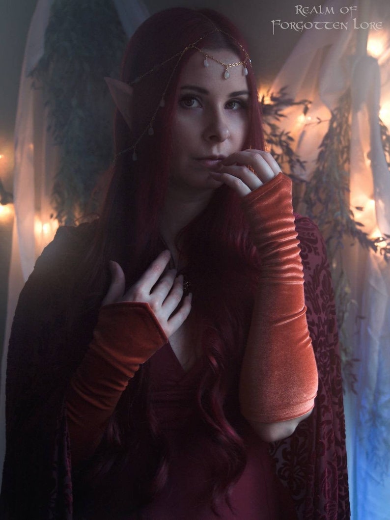 Orange Velvet Gloves, Rust Orange Fairy Fingerless Gloves, Elven Style, Medieval Fantasy, Stretch Velvet Arm Warmers, Fairytale Wedding image 2