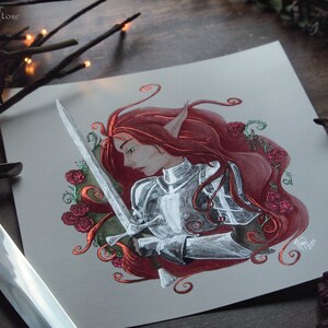 Faerie Knight Print, Red Hair Elf, Medieval Fantasy Art, Giclee Art, Lady Knight Armor, Fairy Tale, Red Roses, Silver Sword image 7