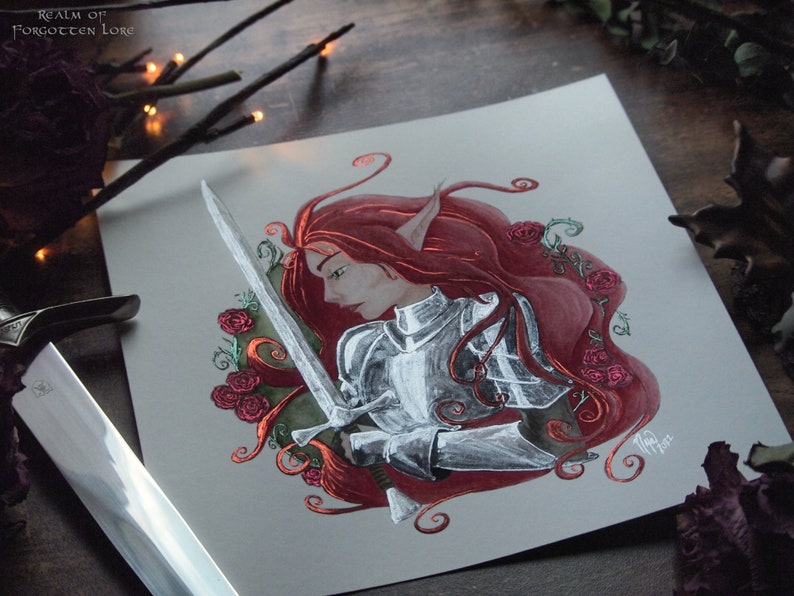 Faerie Knight Print, Red Hair Elf, Medieval Fantasy Art, Giclee Art, Lady Knight Armor, Fairy Tale, Red Roses, Silver Sword image 7