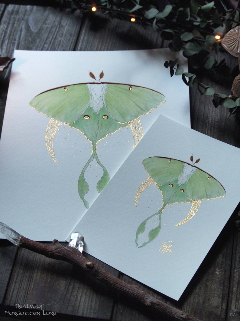 Luna Moth Art, Green Moth, Gold Crescent moon, Art Nouveau style, Giclee art print, Fairytale Watercolor artwork, Fairy Fantasy Moth Wings image 1