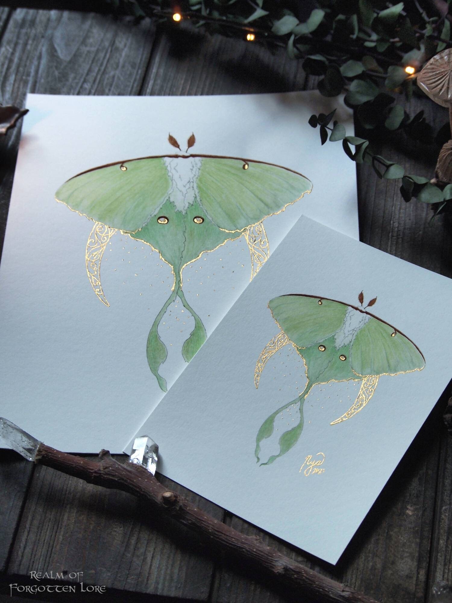 Luna Moth Art, Green Moth, Gold Crescent moon, Art Nouveau style, Giclee art print, Fairytale Watercolor artwork, Fairy Fantasy Moth Wings
