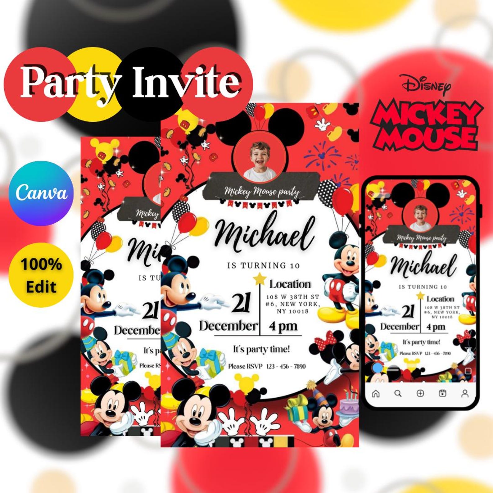 Editable Mickey Mouse Birthday Invitation, Mickey Mouse Kids Party ...