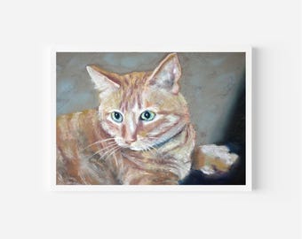 May include: A framed pastel painting of a ginger tabby cat with green eyes. The cat is depicted in a relaxed pose, with its head turned slightly to the side. The artwork is set against a muted background.