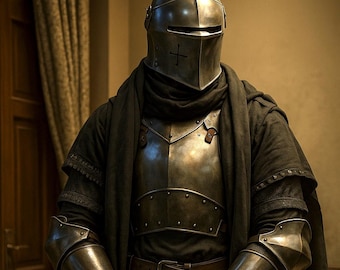 Medieval Knight Barbuta Armor Suit with Black Cape/Scarf For Authentic Style Costume – Full Steel Body Armor for Cosplay Halloween