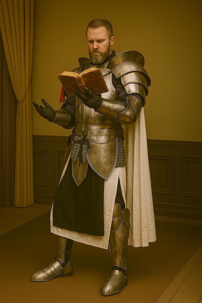 May include: A person in full medieval armor, including a helmet, chest plate, and leg guards, is reading a book. The armor is silver-toned, and the person is wearing a white cape. The book has brown pages and a red ribbon.