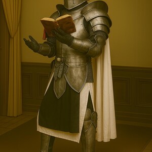 May include: A full suit of medieval armor, including a helmet with a cross, shoulder guards, and leg protection. The knight is holding an open book with both hands, and a white cape is draped over the shoulders. The armor is metallic and the book has brown pages.