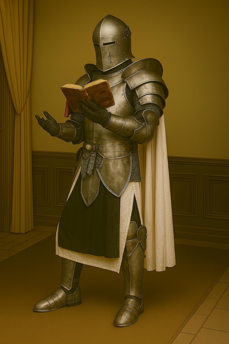 May include: A full suit of medieval armor, including a helmet with a cross, shoulder guards, and leg protection. The knight is holding an open book with both hands, and a white cape is draped over the shoulders. The armor is metallic and the book has brown pages.