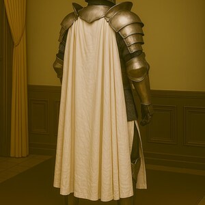 May include: A full suit of medieval armor, viewed from the back, with a cream-colored cape. The armor is metallic with articulated plates, a helmet, and greaves. The background is a room with a yellow wall and a dark brown wainscoting.