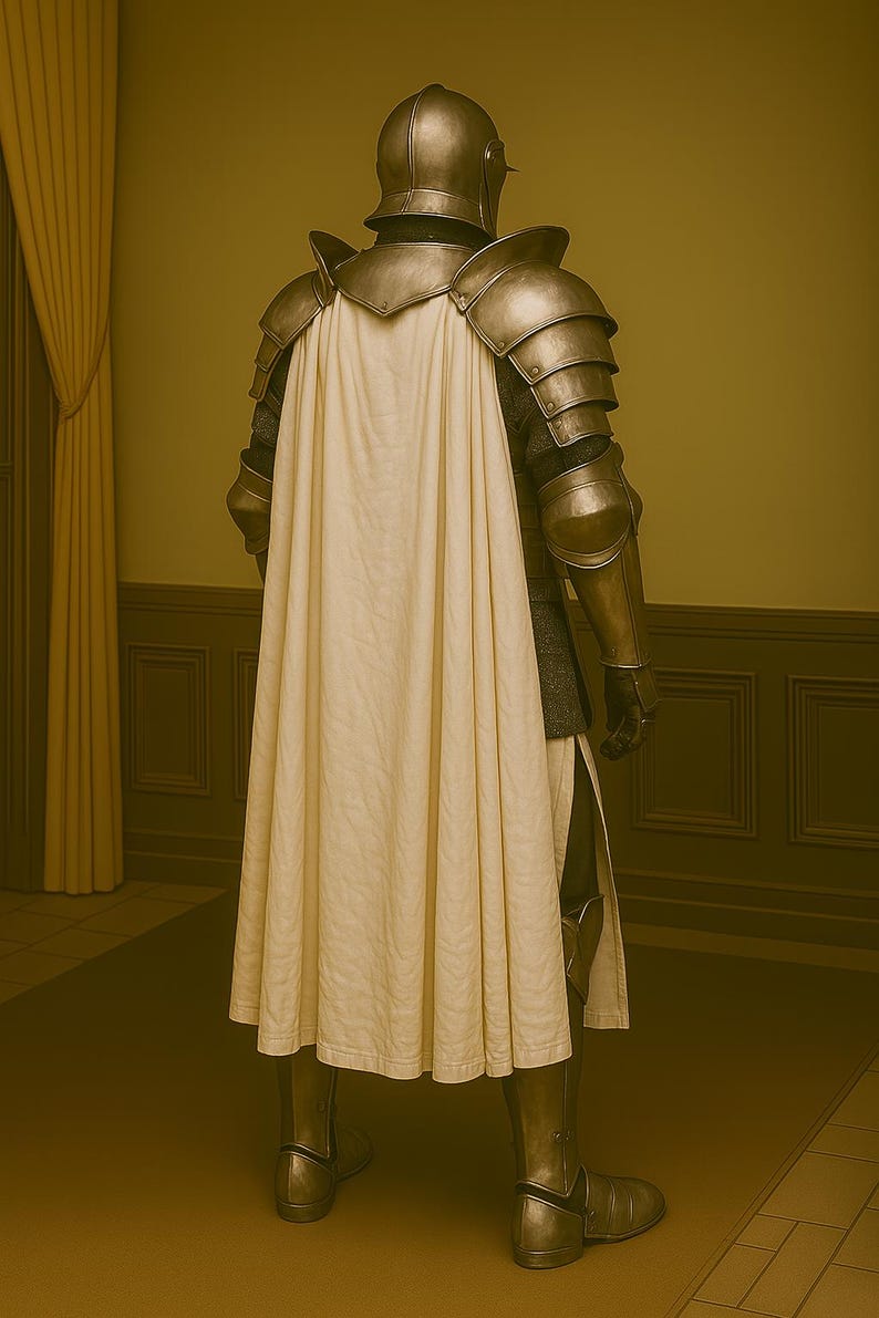May include: A full suit of medieval armor, viewed from the back, with a cream-colored cape. The armor is metallic with articulated plates, a helmet, and greaves. The background is a room with a yellow wall and a dark brown wainscoting.