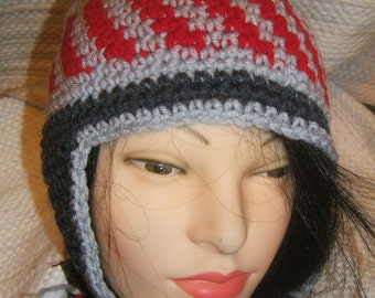 Scarlet and Gray and Charcoal Hand Crochet Winter Ear Flap Taboggen Hat