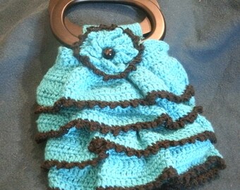 Turquoise Blue and Black Hand Crocheted Ruffle Purse Fully Lined