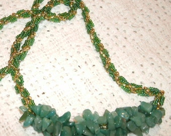 Aquamarine, Gemstone Chip, Beaded Necklace, Green, Gold, Handmade, Seed Bead, Hand Beaded, Rope, Long