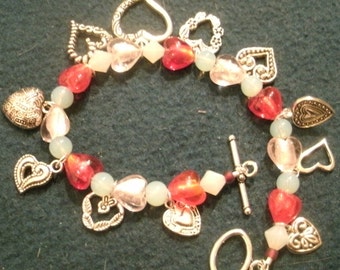 Valentine Pink and Red Hearts and Enamel Heart Charm Dangle Bracelet