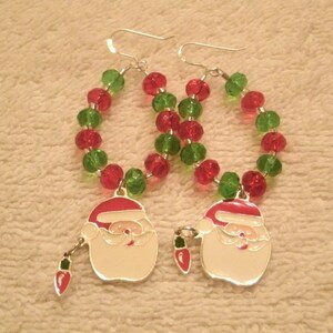 Santa Enamel Charm Red and Green Crystal Bead Dangle Holiday Earrings