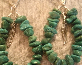 Turquoise Chip and Sterling Silver Feather Charm Dangle Earrings