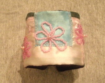 Denim, Beaded, Pink, Embroidered, Fabric, Soft, Cuff Bracelet