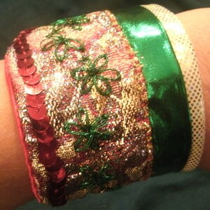 Red and Green Hand Sewn and Beaded Ribbon Holiday Cuff