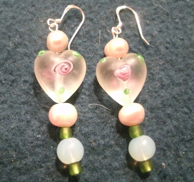 Valentine Pink Painted Glass Heart Bead and Pearl Dangle Earrings image 4