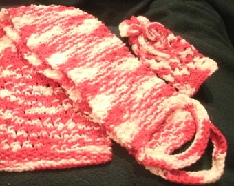 Red and White Stripe Hand Knit and Crochet 4 Piece Cotton Spa Set