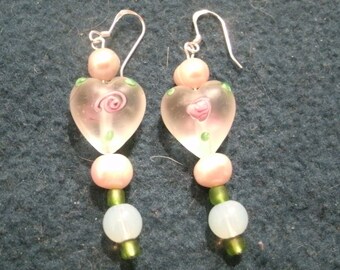 Valentine Pink Painted Glass Heart Bead and Pearl Dangle Earrings