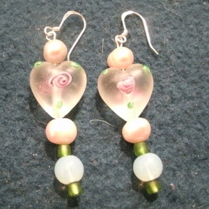 Valentine Pink Painted Glass Heart Bead and Pearl Dangle Earrings image 3