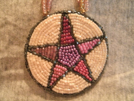 Cream and Pink Multi Color Pentacle Pentagram Sead Bead Embroidered Beaded Necklace